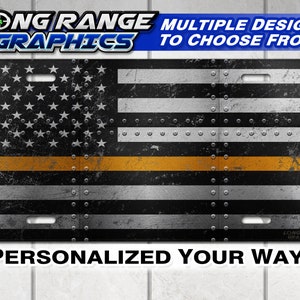 Thin Gold Line Dispatch Flag Distressed Monogram License Plate