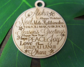 MERRY EVERYTHING! Laser Cut Seasons Greetings Mele Kalikimaka Merry Christmas Ohana Wooden Hawaii Christmas Ornament Made in Hawaii Wood