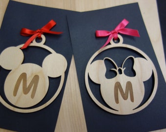 Customizable Mickey or Minnie Mouse Inspired Wood Laser Cut Out Ears Custom Wooden Keepsake Ornament Etched Gift Tag Party Favor Family Trip