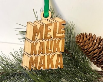 Wooden Mele Kalikimaka 3D Style Laser Cut Out + Etched Wood Keepsake Ornament or Gift Tag Hawaiian Words for Merry Christmas