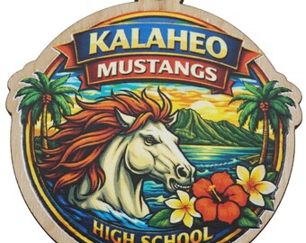 Kalaheo Mustangs 2026 Graduation Keepsake Wood Laser Etched and Cut Ornament Gift Lei Engraved Made in Hawaii Ornaments Senior Graduate