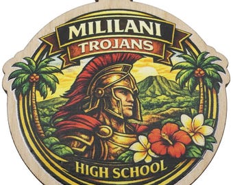 Mililani Trojans 2026 Graduation Keepsake Wood Laser Etched and Cut Ornament Gift Lei Engraved Made in Hawaii Ornaments Senior Graduate