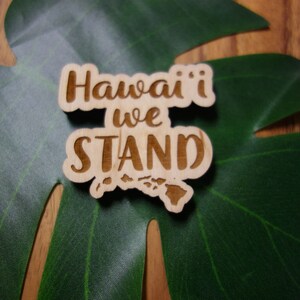 May include: Wooden sign with the text "Hawaii we stand" and an outline of the Hawaiian islands. The sign is brown and has a rustic look.