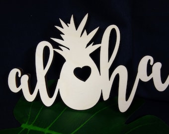 NEW: Laser Cut Wooden Aloha Pineapple w/ Heart Small Wood Sign Cut Out Wall Art DIY Project Home Decor Piece Party Favor Place Cards Gift