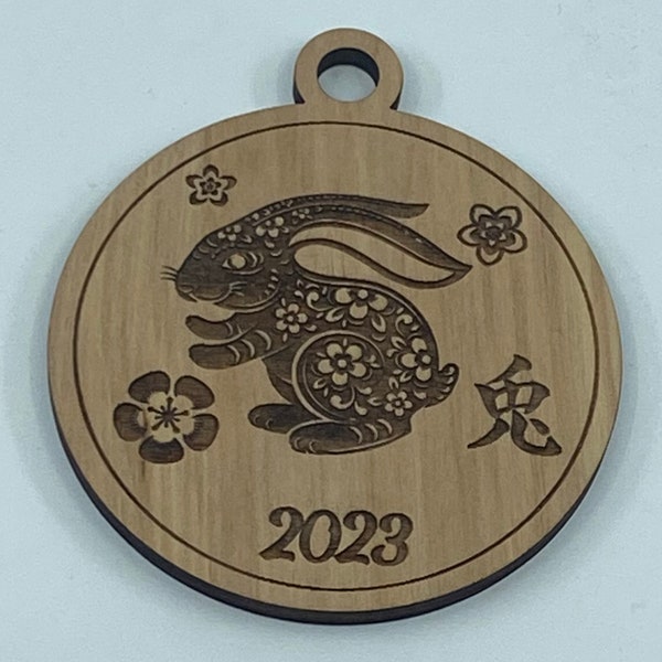 2023 Lucky Chinese New Year of the Rabbit Laser Cut Wooden Keepsake Ornament Made in Hawaii Wood Holiday Gift Tag Good Fortune Luck