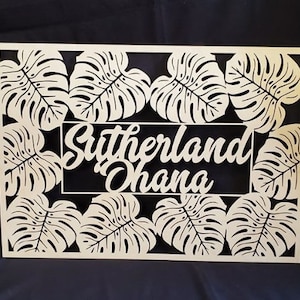Personalized Laser Cut Wood Island Style Ohana Plaque with Monstera Leaves Design Family Sign Wall Art Home Decor Made In Hawaii
