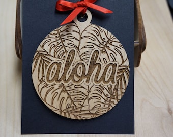 Aloha Wood Laser Cut Ornament Tropical Monstera Leaves Fern Palm Tree Leaf Hawaiian Christmas Ornaments Hawaii Etched Engraved Keepsake Gift