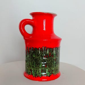 Midcentury modernist vase fat lava West Germany gift for home 1960s 60s vintage home decor rare collectible ceramic vase red and green