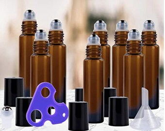 Essential Oil Roller Bottles with Stainless Steel Balls,  10ml Dark Amber Leakproof Glass Bottle