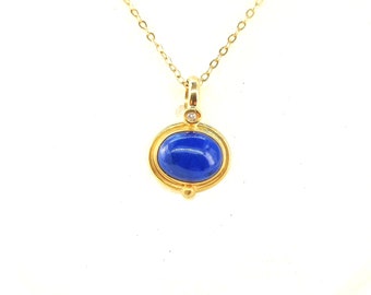 Handmade 18K Gold Lapis Lazuli Pendant with Diamond Accent