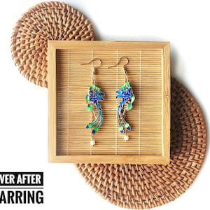 Chinoiserie Cloisonne Pheonix Bird with Dangling Faux Pearls Handmade Earring - 浴火重生
