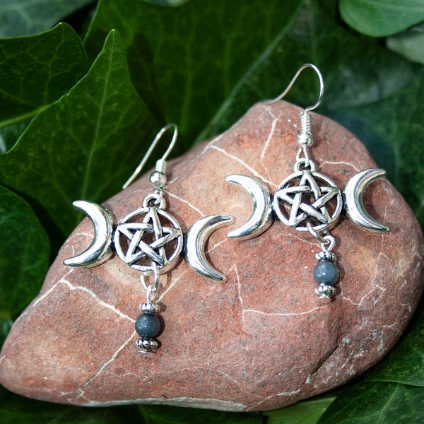 Pendientes con el símbolo de la triple luna, Pendientes espirituales, Druida, Celtas, Amuleto, pentagrama, bruja, wicca, pagano, esotérico