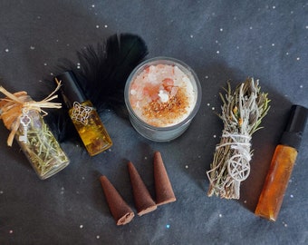 Protection Ritual Kit, Witch's Knot Ring, Palo Santo Candle, Mugwort Oil