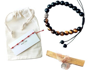 Tiger's Eye Bracelet with Buddha Head, Sandalwood & Volcanic Stone