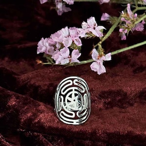 Hecate Wheel Ring, Stainless Steel, Triple Goddess Symbol, Esoteric Jewelry