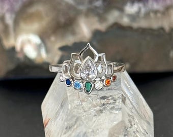 Lotus Flower Chakra Ring, Healing Crystals, Handmade Adjustable Ring