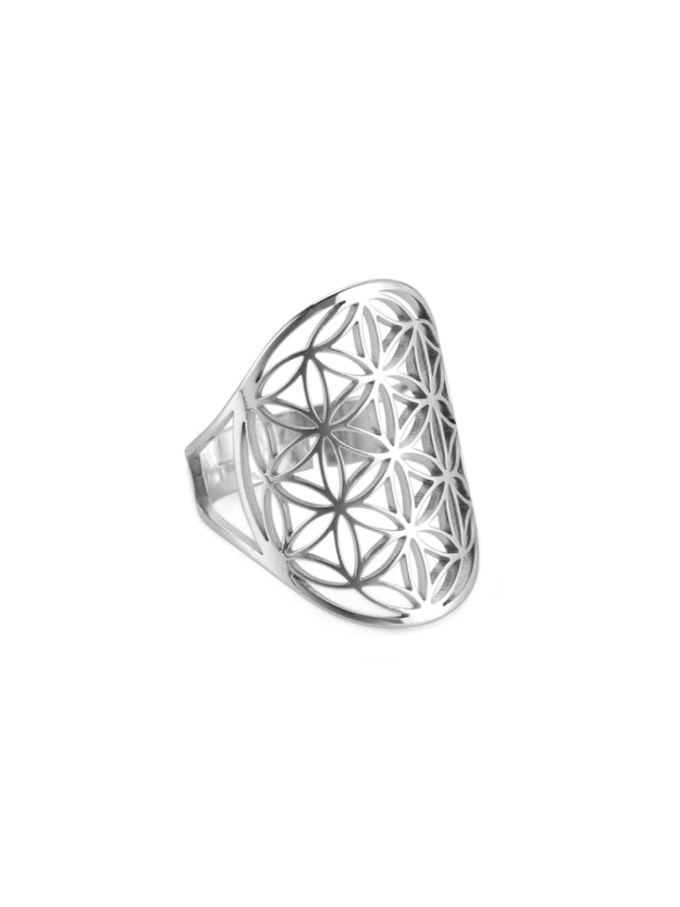 Bague Réglable Fleur De Vie En Acier Inoxydable - Bijou Géométrique Tendance Pour Femme, Cadeau Symbolique