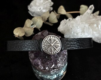 Viking Vegvísir Leather Bracelet, Stainless Steel Nordic Compass Amulet