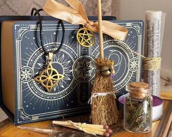 Witch Ritual Kit, Knot Amulet, Crystals, Herbs, Candle & Scroll
