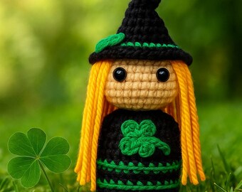 Lucky Crochet Witch Doll, Amigurumi Clover Amulet