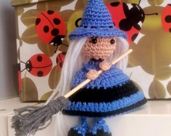 Crochet Witch Amigurumi Doll, Handmade Wool Plush with Broom
