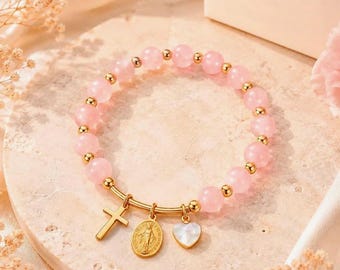 SIMBOLIKS Rose Quartz Bracelet for Women, Virgin Mary Medal Bracelet, Christian Cross Bracelet, Catholic Jewelry, Mother of Pearl Heart