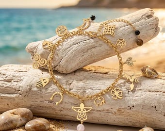 SIMBOLIKS Gold Stainless Steel Protection Bracelet for Women | Witch Knot, Hamsa Hand, Tree of Life & Evil Eye Charm Bracelet | Lucky Amulet