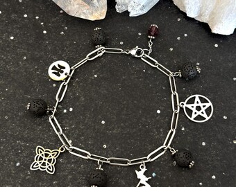 Stainless Steel Witch Charm Bracelet, Lava Stone Aromatherapy, Wiccan Jewelry