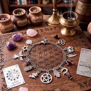 May include: A silver charm bracelet with various pendants, including a star, bird, owl, and pentagram, rests on a wooden surface. The surface also holds crystals, small clay pots labeled with herbs, and a moon calendar card. Incense smoke rises from a brass burner.