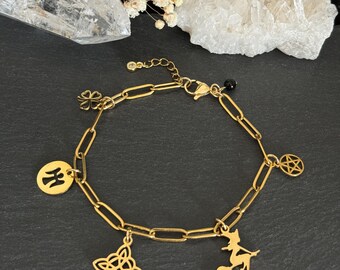 Witch Amulet Bracelet: Golden Stainless Steel, Witch's Knot, Pentacle