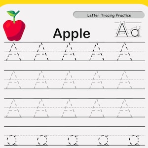 Puede incluir: Una hoja de trabajo imprimible para trazar la letra A. La hoja de trabajo presenta una ilustración de manzana roja y la palabra "Manzana" en texto negro. La letra A se muestra con líneas punteadas para trazar, y hay varias líneas para practicar la escritura de la letra.