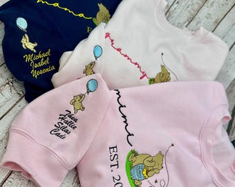 Embroidered Sweatshirt Classic Winnie the Pooh, Name on Sleeve, Mama Bear w/ EST Date, Gift for New Mom, Grandma Gift, Mimi Gift, for Granny