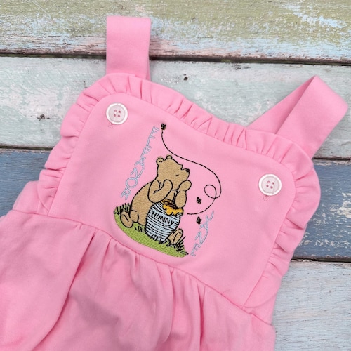 Barboteuse rose brodée classique Winnie l'ourson bleu bébé bulles, tenue classique Winnie l'ourson pour garçon, barboteuse 1er anniversaire