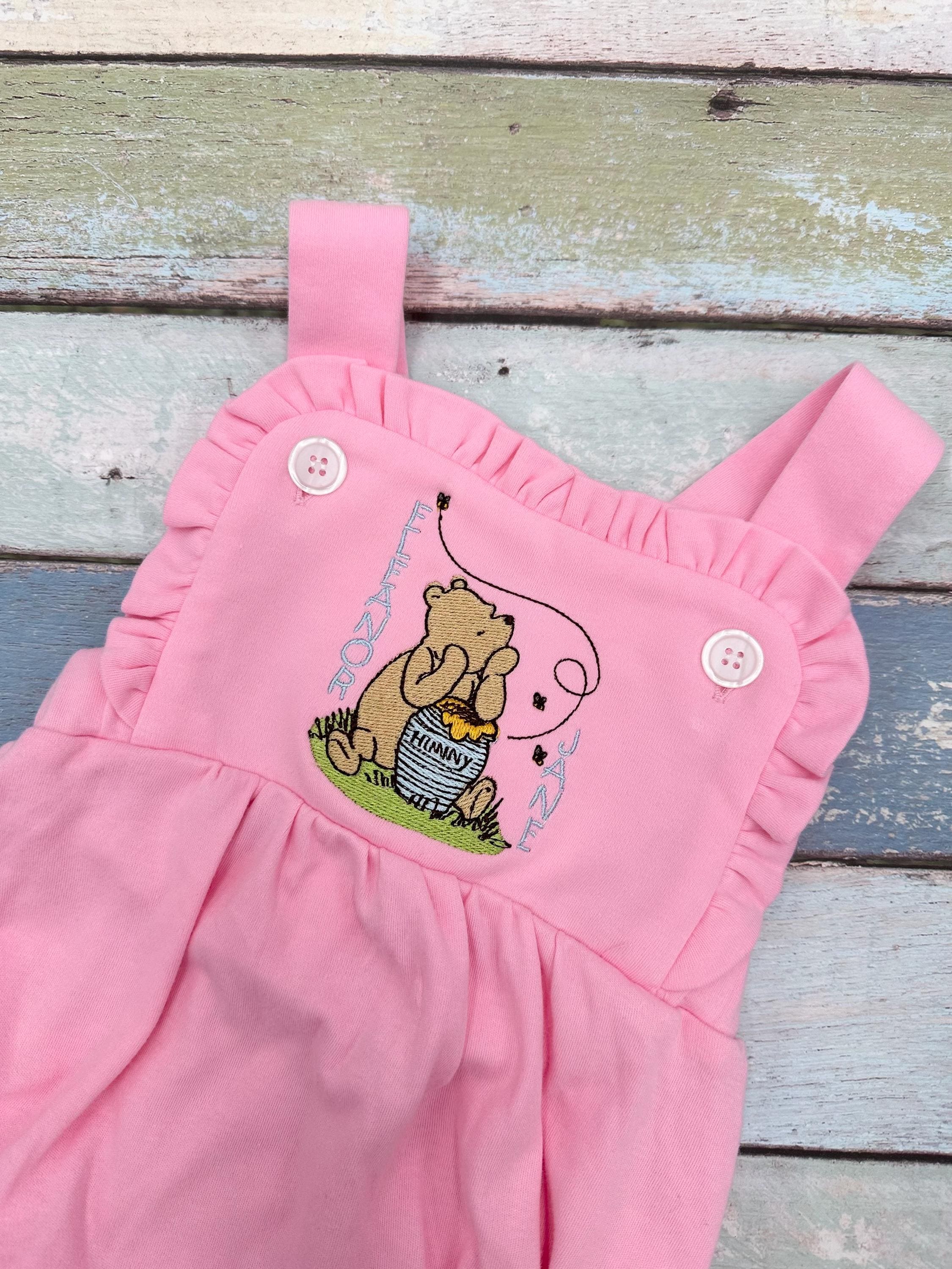 PINK Custom Embroidered Classic Winnie the Pooh  Baby Blue Bubble Romper, Classic Winnie the Pooh Outfit for Boy, 1st Birthday Romper