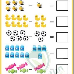 May include: A worksheet with five maths problems featuring different images. The first problem shows a group of bees, the second shows a group of rubber ducks, the third shows a group of footballs, the fourth shows a group of milk cartons, and the fifth shows a group of sweets.