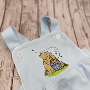 Custom Embroidered Classic Winnie the Pooh  Baby Blue Bubble Romper, Classic Winnie the Pooh Outfit for Boy, 1st Birthday Romper