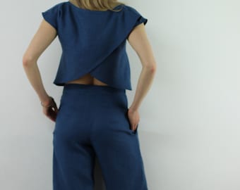 Pure Linen set/ Linen suit plus cropped pants/ Linen bluoses plus  cropped pants/ homewear/ clothing for home/ Linen suit