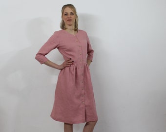 Linen dress for women, Linen casual  summer dress, Rose dress, Button down dress, Long sleeves dress