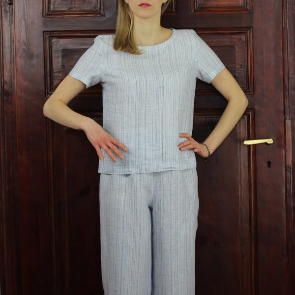 Pure Linen Pajama, Linen Shirt plus Linen cropped pants , Pajama set, Linen sleepwear set