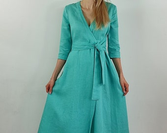 Abito avvolgente in lino per donna con maniche lunghe a 3/4/ Abito da donna in lino/ Abito avvolgente/ Abito da donna in lino/ Abito avvolgente estivo/ Abito avvolgente casual