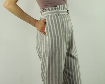 Pantalones recortados de lino / talla S / listos para enviar / tiras blancas naturales pantalones de lino de color / pantalones de lino de verano / pantalones de uso diario / pantalones de lino