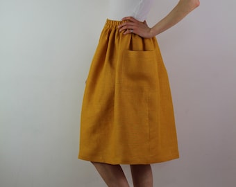 Linen midi  skirt/ mustard skirt/ summer skirt/ casual skirt/