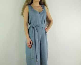 Combinaison en lin féminin/ combinaisons en lin décontractée/ pantalon à jambes larges/ combinaison pour femmes/ combinaison d’été