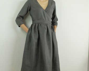 Abito avvolgente in lino con maniche lunghe e 2 tasche / Abito donna di lino con cintura / Abito con involucro marrone grigio / Abito avvolgente estivo / Abito casual wrap