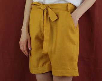 Summer Linen shorts/Women's linen shorts/City shorts/Natural linen shorts/Casual shorts/ Mustard shorts