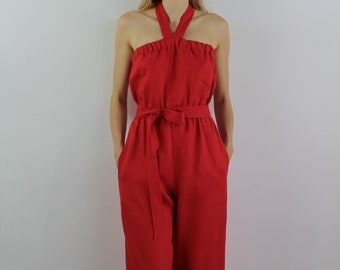 Summer linen jumpsuit/ Casual linen jumpsuits/ Red overall/ Jumpsuit for women/ Linen romper/  linen overall