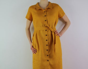 Linen dress/ Button down dress/ Linen casual dress/ Linen summer dress/ Button  mustard front dress/ Shirt collar dress