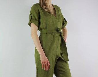 Women linen jumpsuit/ Casual linen jumpsuits/ Linen romper/ Jumpsuit for women/ Olive jumpsuit