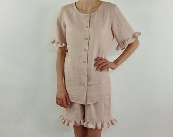 Pure Linen Pajama, Linen bluoses plus  cropped pants , Pajama set, Linen sleepwear set, homewear, clothing for home