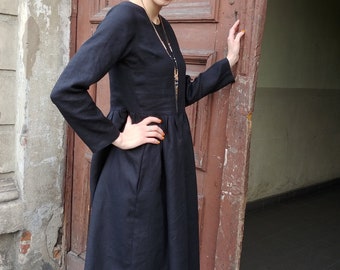 Vestido de lino para las mujeres con mangas largas / vestido de lino negro / vestido de lino de verano / vestido de lino con cinturón / vestido de lino
